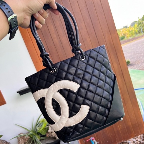 ๐CHANEL๐ซถ๐ปChanel Cambon Line Calf Skin Quilted Cc Logo Tote Black Shoulder Bag